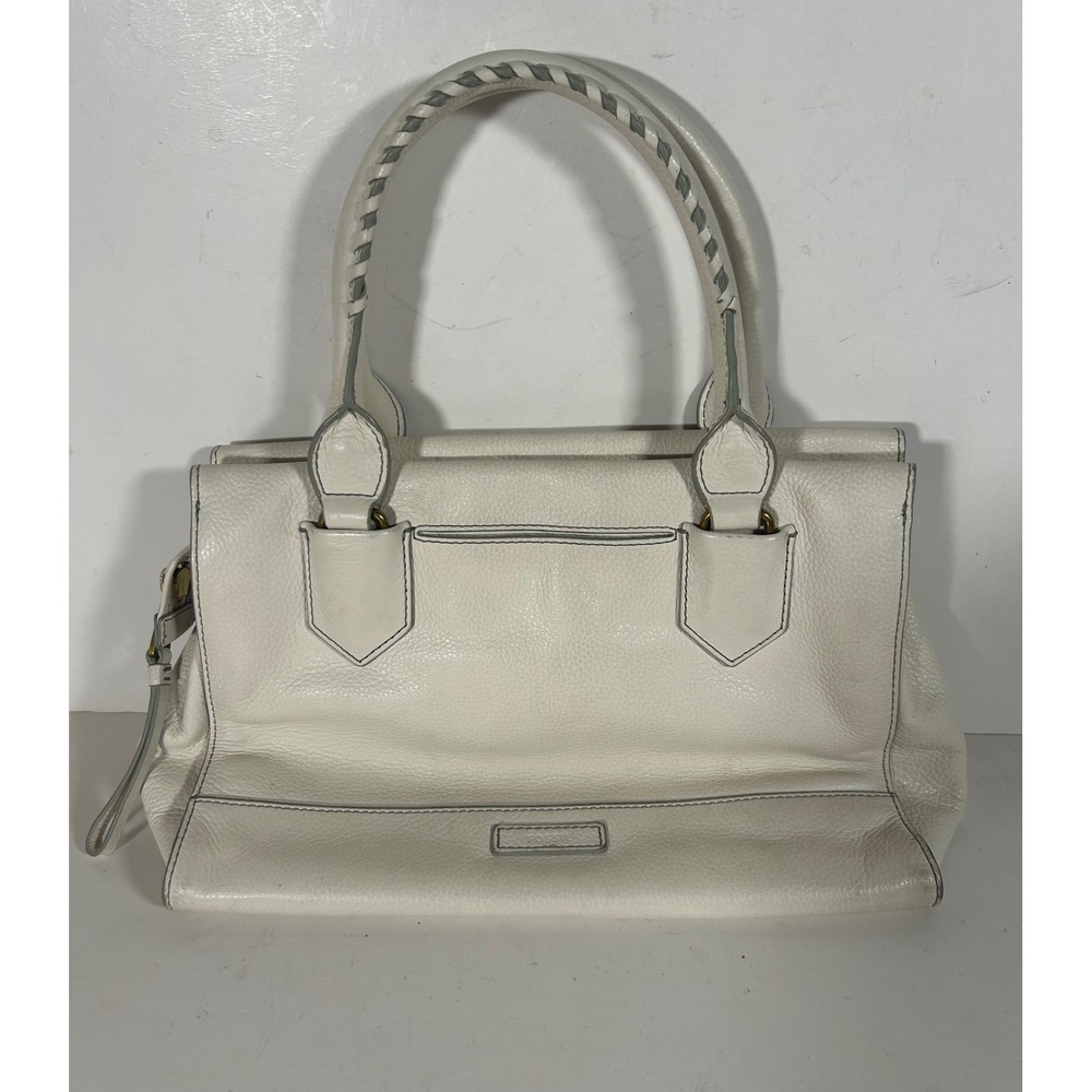 Fossil White Pebbled Leather Satchel Handbag Whipstitch Handle Gold Hardware